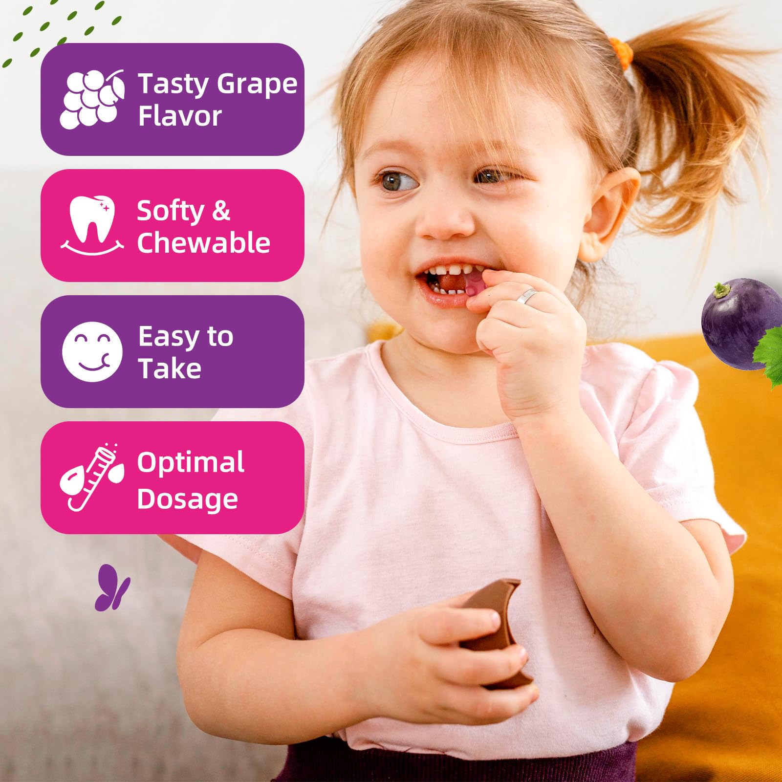Sugar-free grape gummies with xylitol emphasize gentle stomach-friendly sweetness.