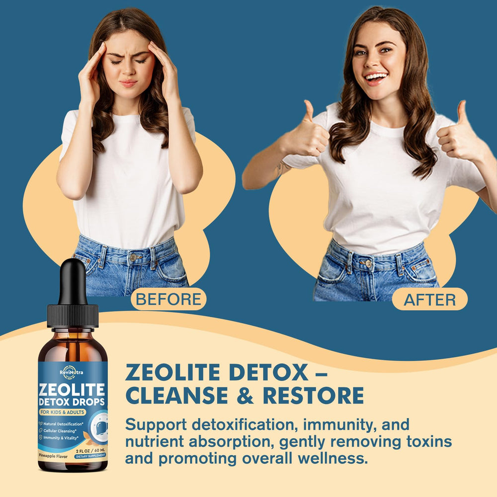 Kids-friendly label on ReviNutra Zeolite Detox bottle for gentle detox