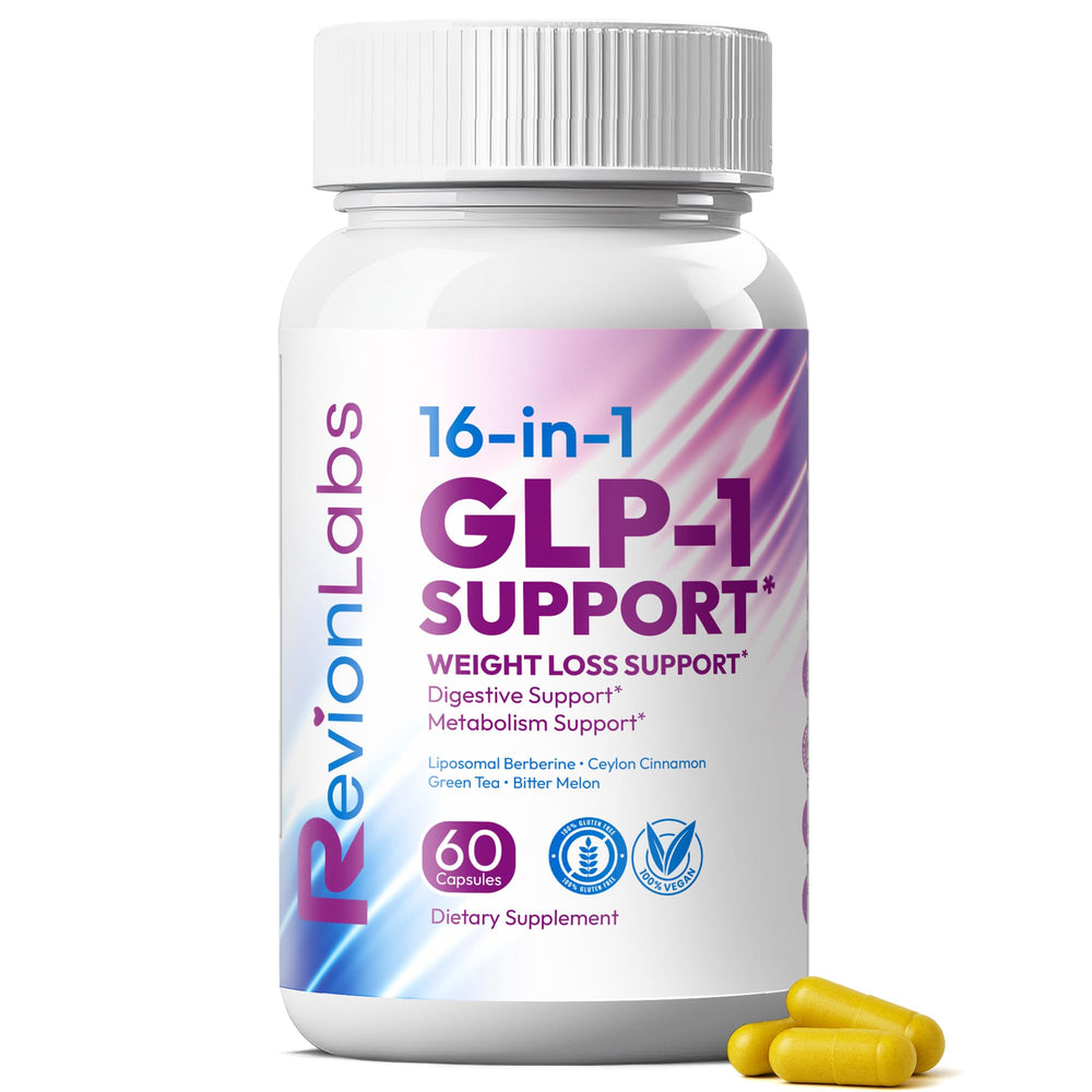 Revion Labs GLP-1 Support bottle with easy-to-swallow capsules for appetite control.