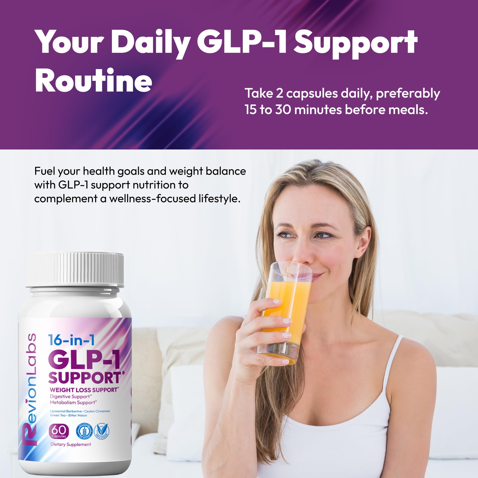 Graphic illustrating GLP-1 regulation with Revion Labs supplement.