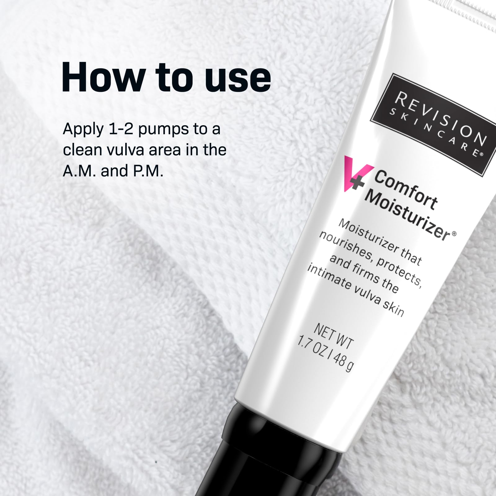 Revision Skincare V+ Comfort Moisturizer bottle close-up; easy-application cream.