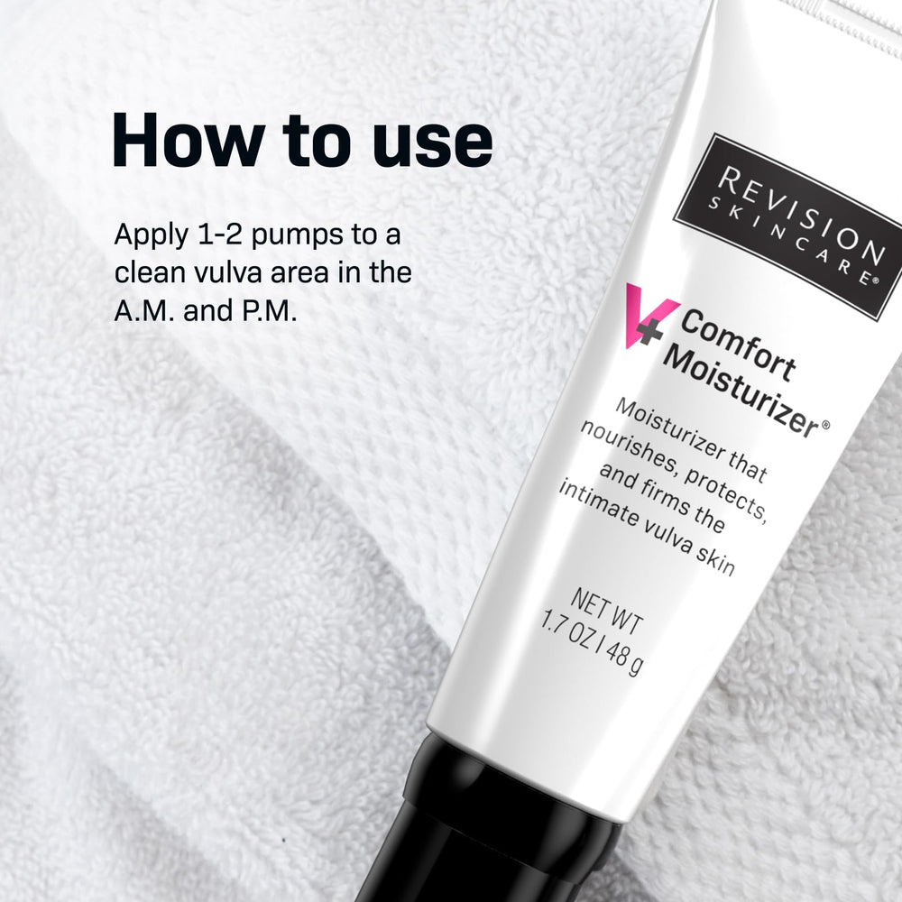 Revision Skincare V+ Comfort Moisturizer bottle close-up; easy-application cream.