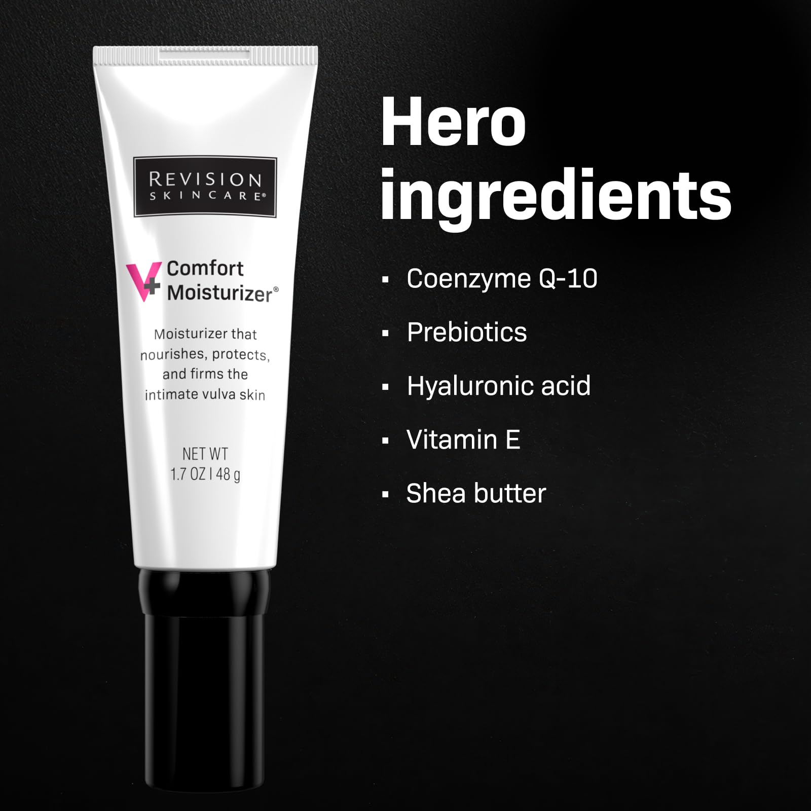 Revision Skincare V+ Comfort Moisturizer label highlighting prebiotics for skin balance.