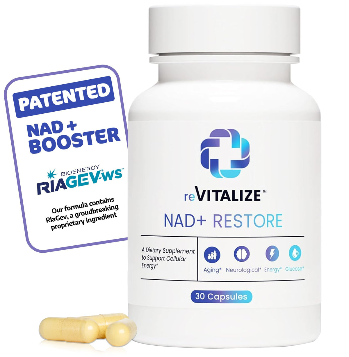 REVITALIZE NAD+ 750mg bottle front – promotes cellular energy and anti-aging support.