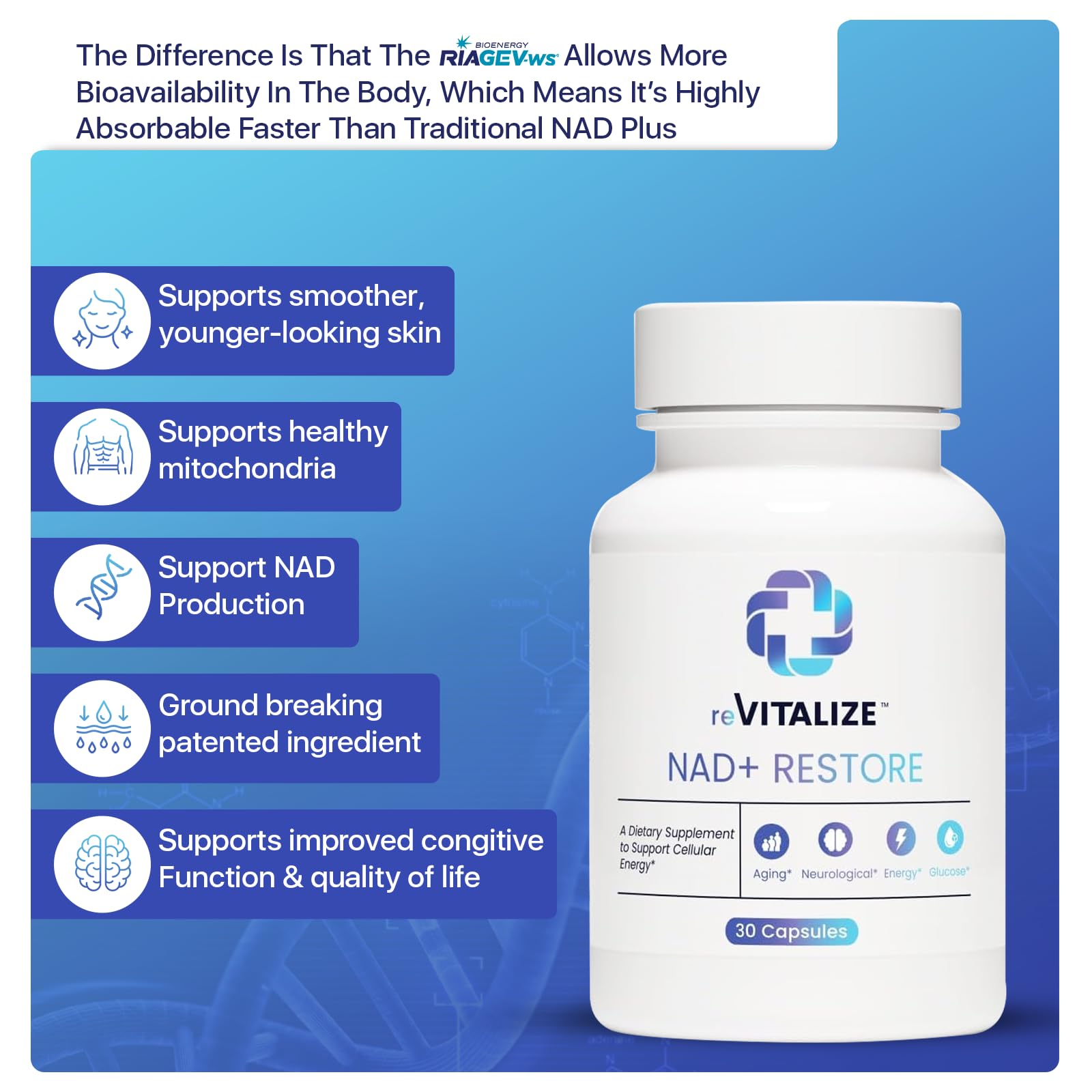 REVITALIZE NAD+ brain health focus visual for mental clarity.