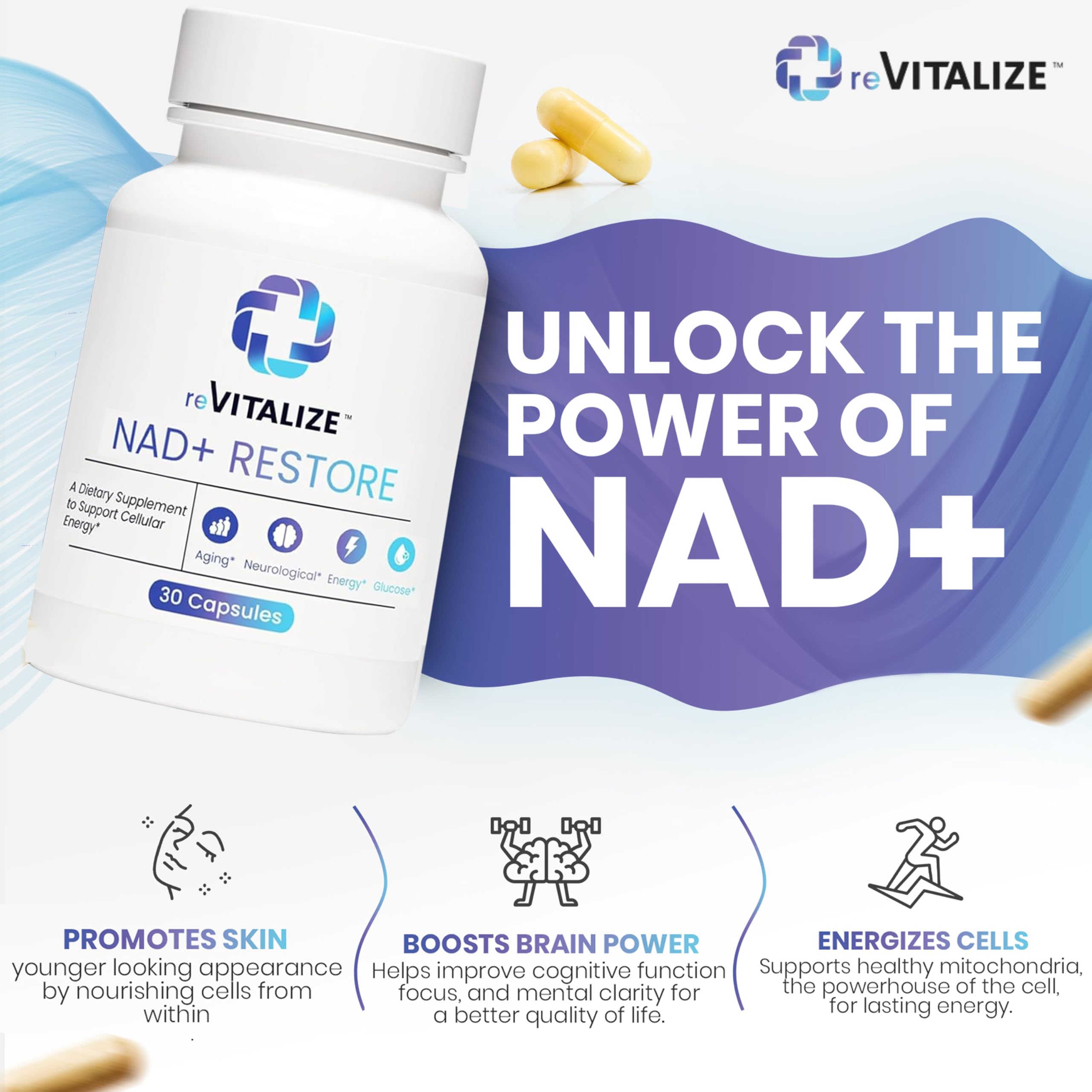 REVITALIZE NAD+ premium packaging highlights high-absorption formula.
