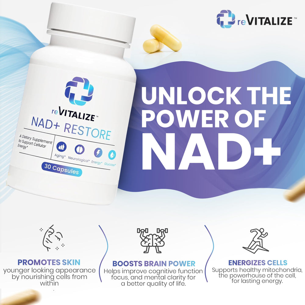REVITALIZE NAD+ premium packaging highlights high-absorption formula.