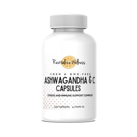Revitalize Wellness Ashwagandha capsules bottle showing calm support and immune care