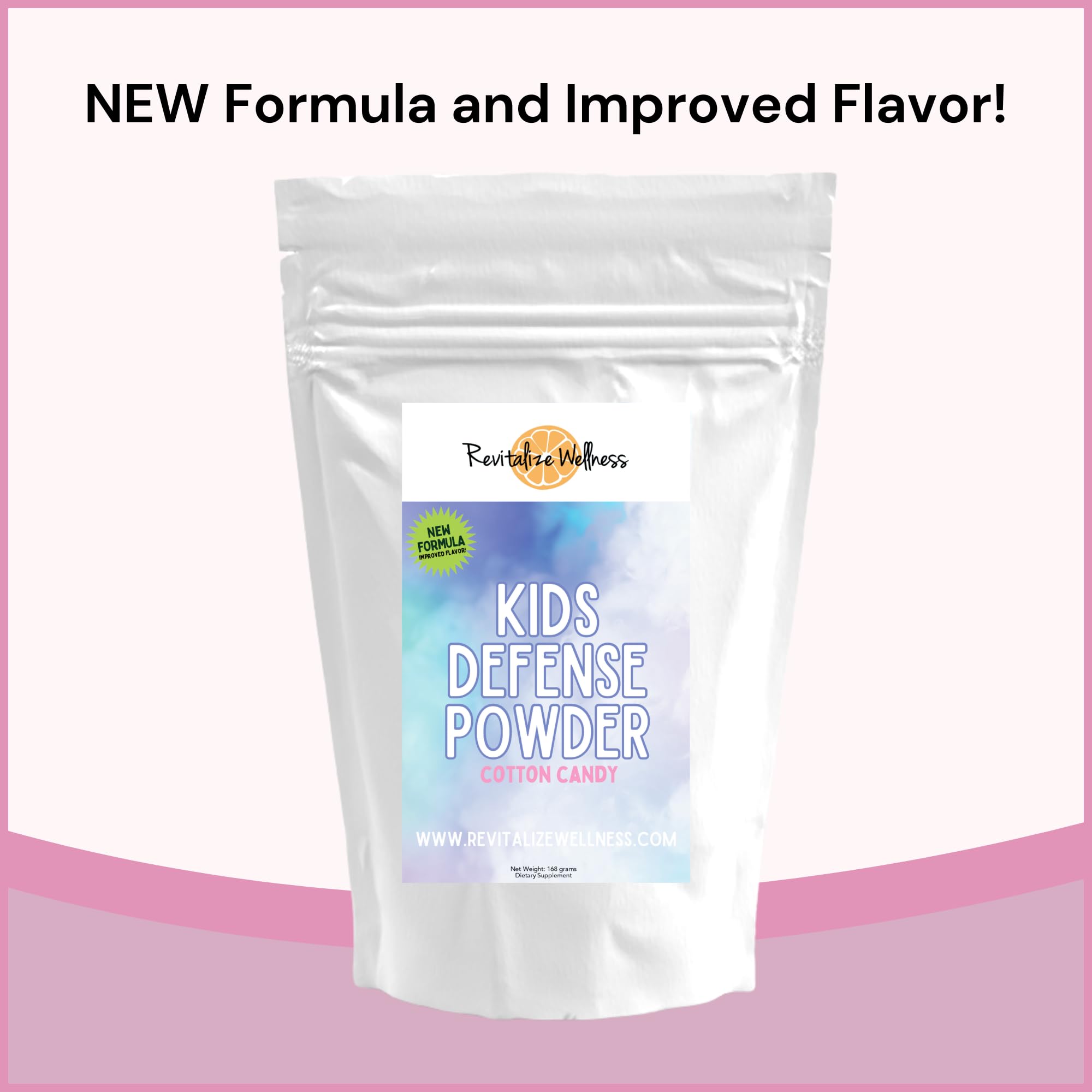 Revitalize Wellness Kids Defense powder being stirred into juice for a fruity sip