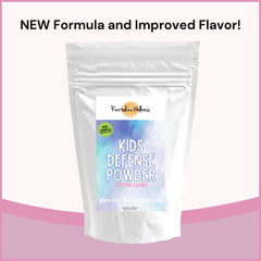 Revitalize Wellness Kids Defense powder being stirred into juice for a fruity sip