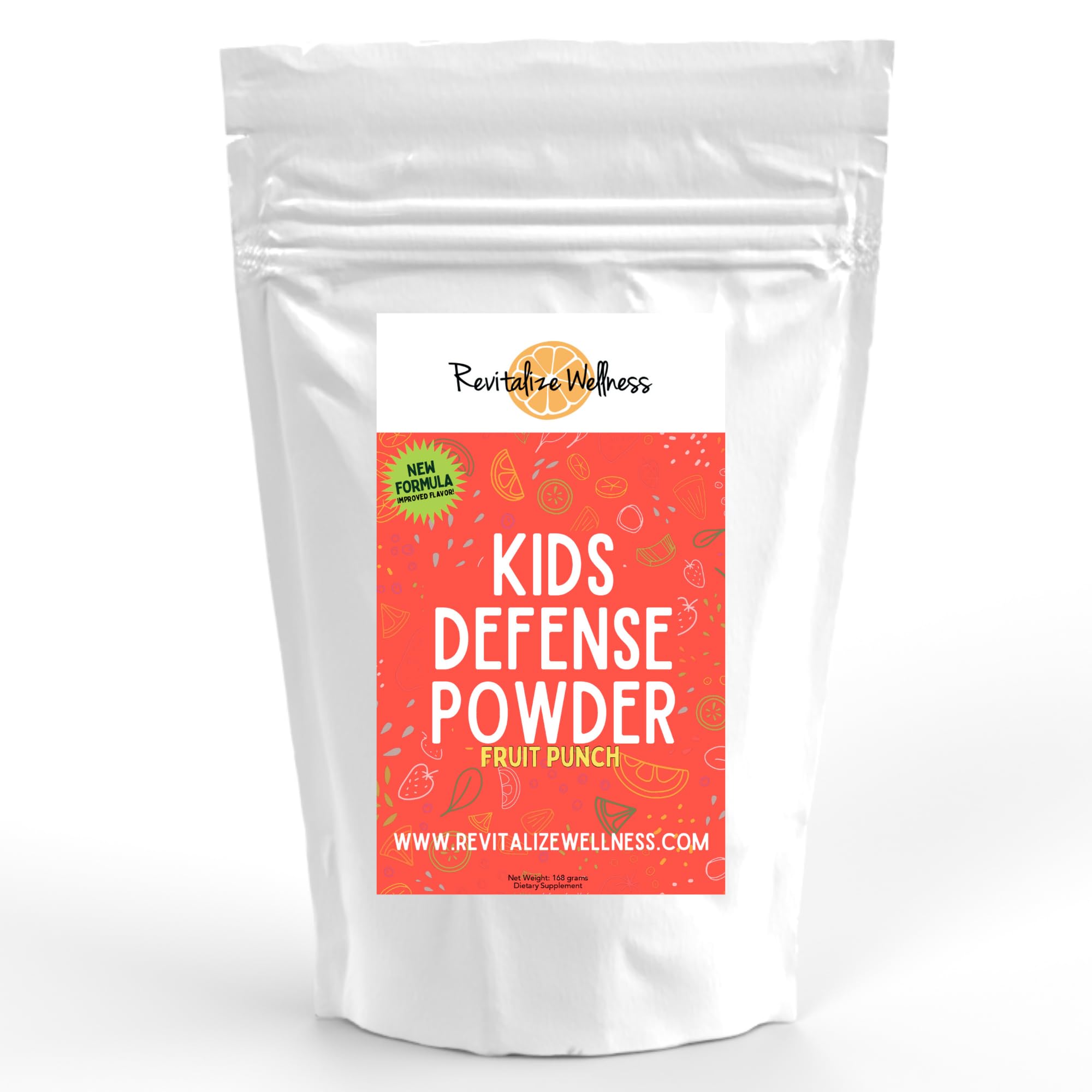 Revitalize Wellness Kids Defense powder tub with fruit punch flavor for immune support