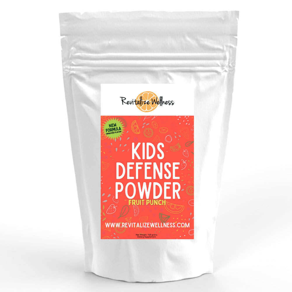 Revitalize Wellness Kids Defense powder tub with fruit punch flavor for immune support