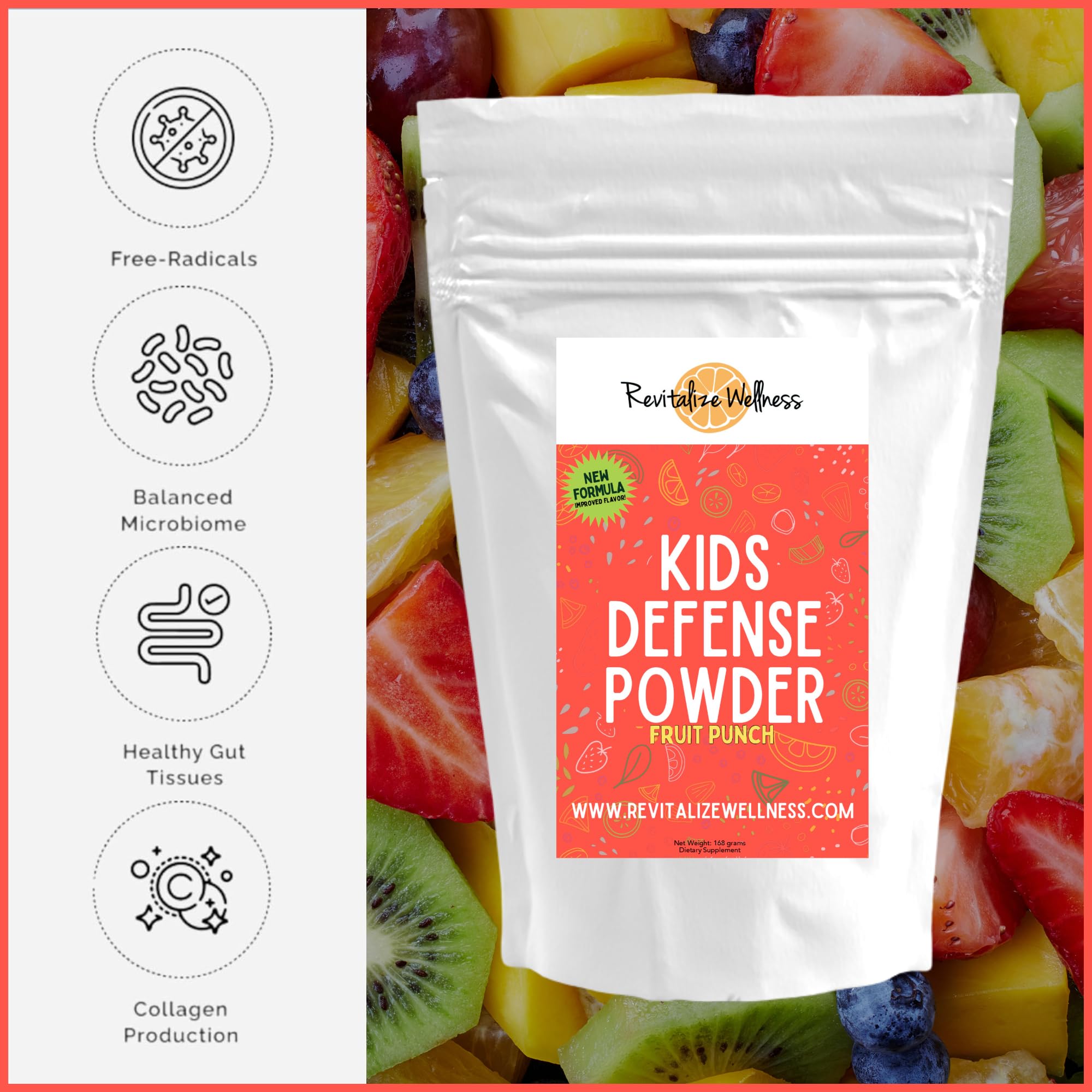 Revitalize Wellness Kids Defense powder nutrition label highlights 1000 mg C and 250 mg B3