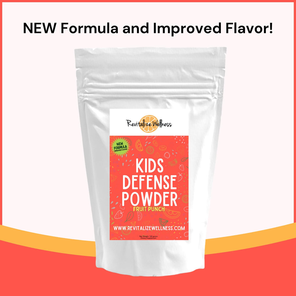 Revitalize Wellness Kids Defense powder blended into smoothie for daily use