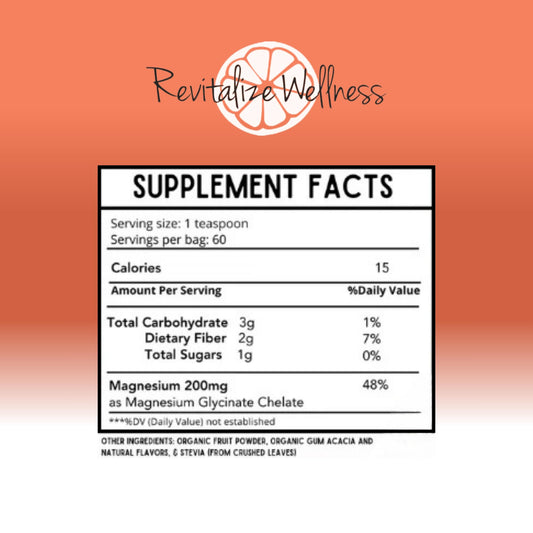 Revitalize Wellness Mag Defense label closeup highlights corn-free and GMO-free ingredients