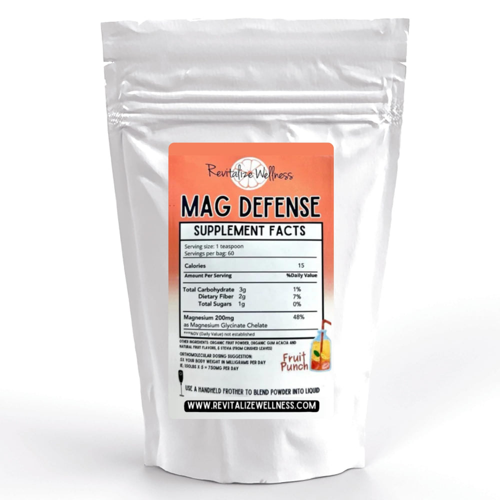 Revitalize Wellness Mag Defense powder tub front with fruit punch flavor