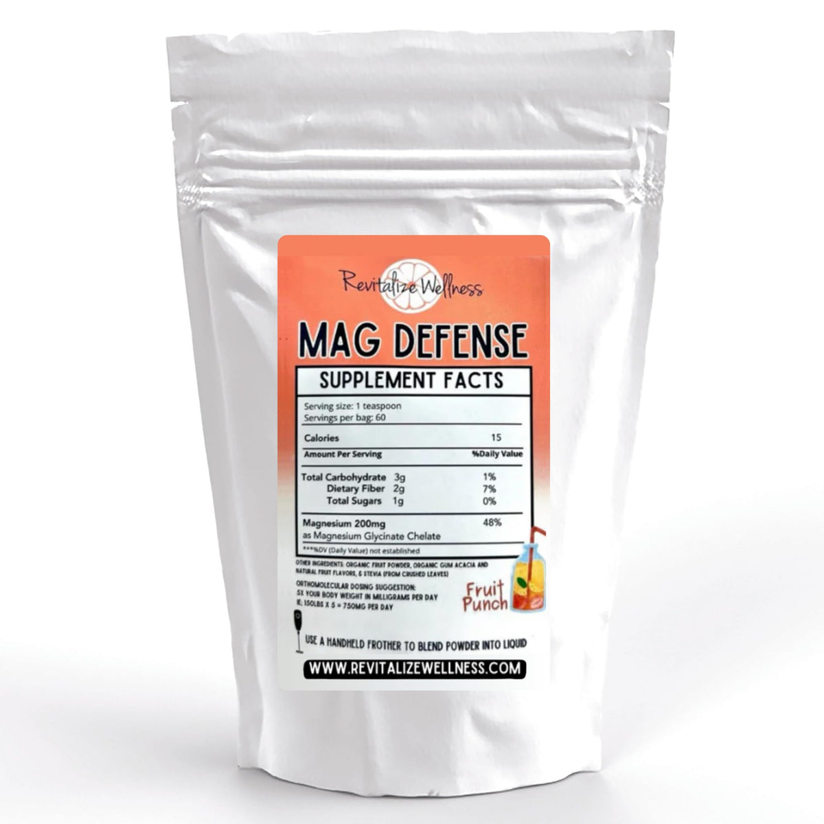 Revitalize Wellness Mag Defense powder tub front with fruit punch flavor
