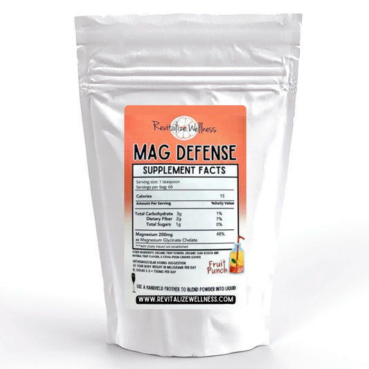 Revitalize Wellness Mag Defense powder tub front with fruit punch flavor