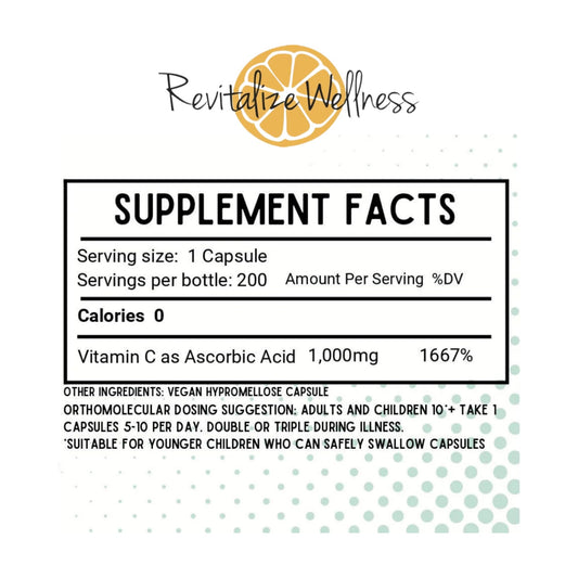Revitalize Wellness Vitamin C capsules closeup; pure ascorbic acid for daily vitality