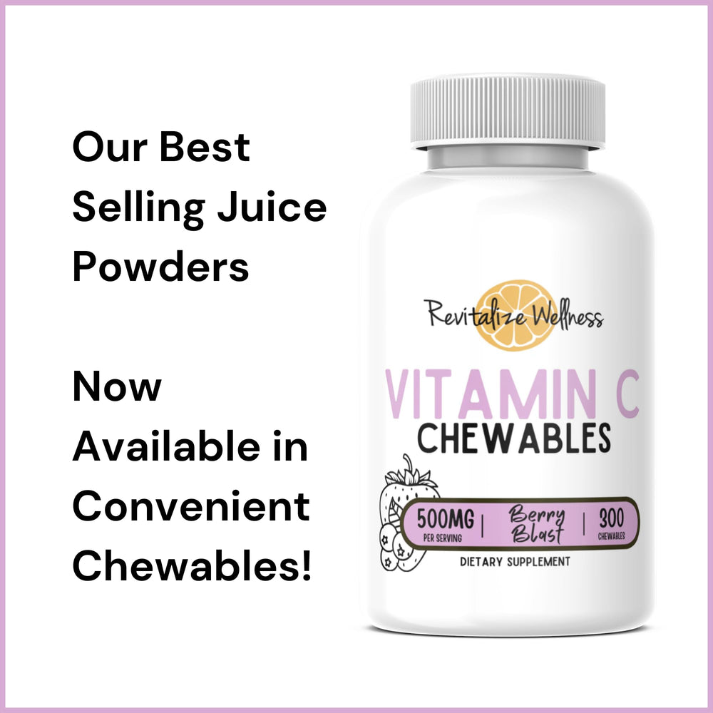 Revitalize Wellness Vitamin C chewables bottle pour demonstrates serving size for planning.