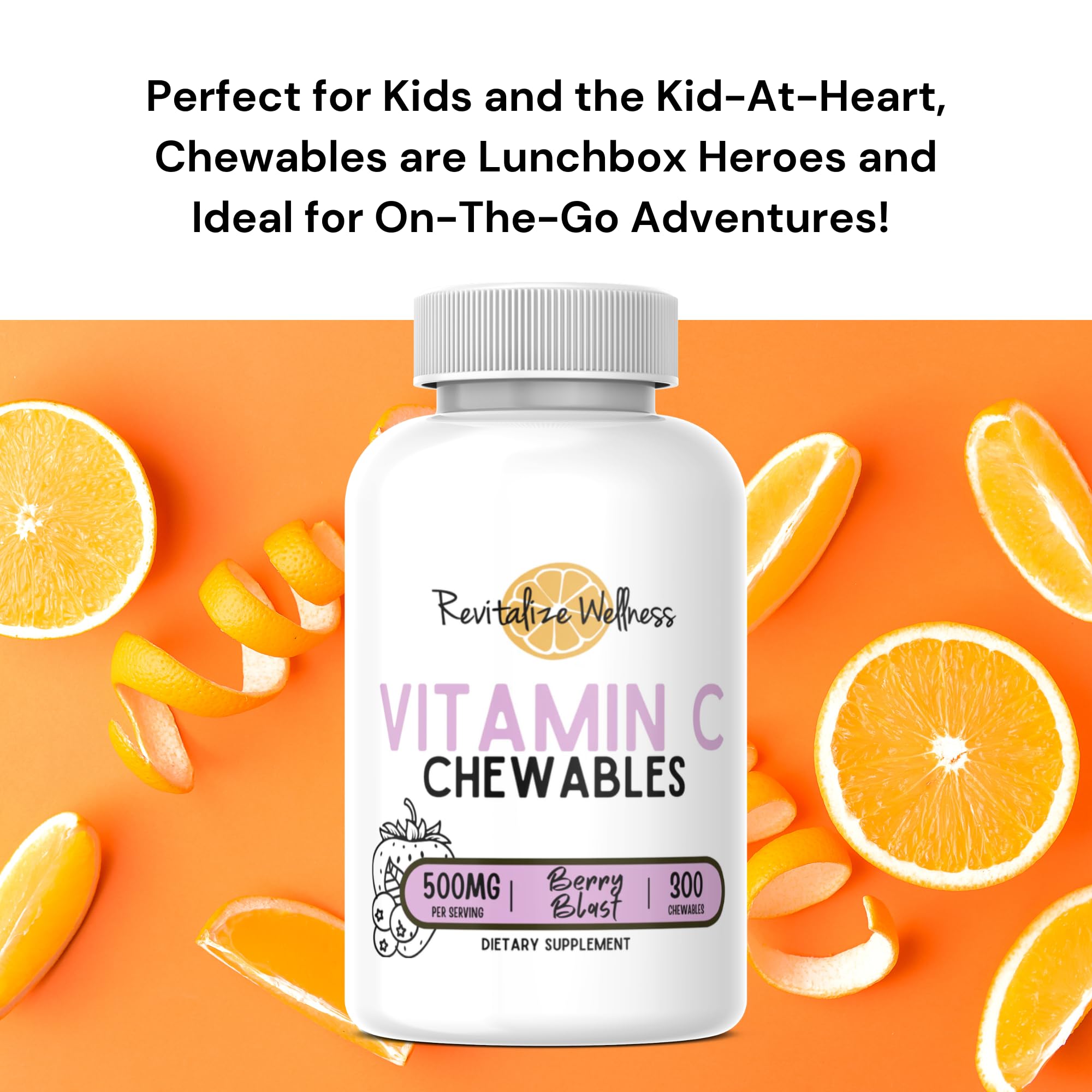 Revitalize Wellness Vitamin C chewables serving scene with berries highlights convenience.