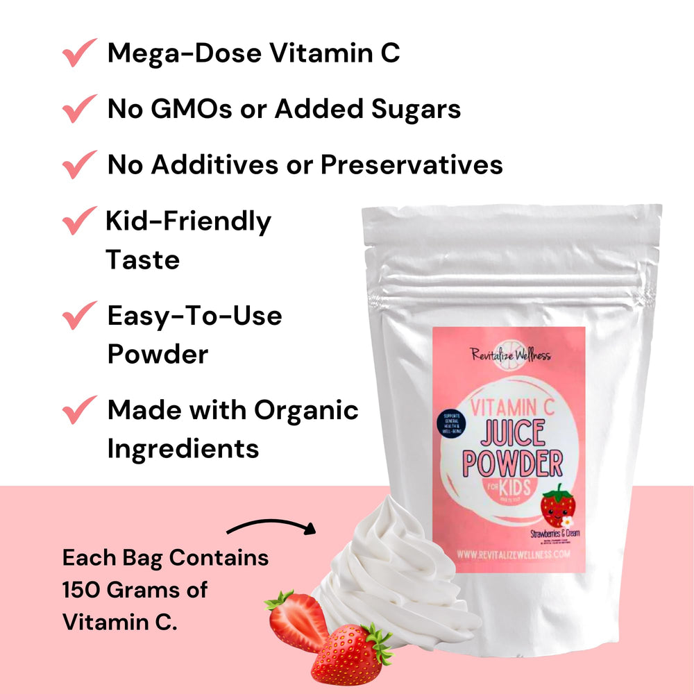Revitalize Wellness Vitamin C powder glass with strawberry-cream flavor ready to sip