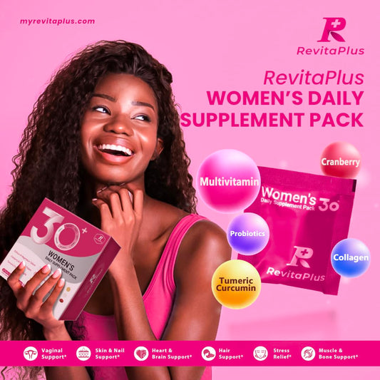 RevitaPlus daily pack highlights an easy, on-the-go monthly routine for active women.