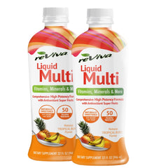 Liquid ReViva Liquid Multivitamin twin-pack front view showing tropical flavor and nutrients.