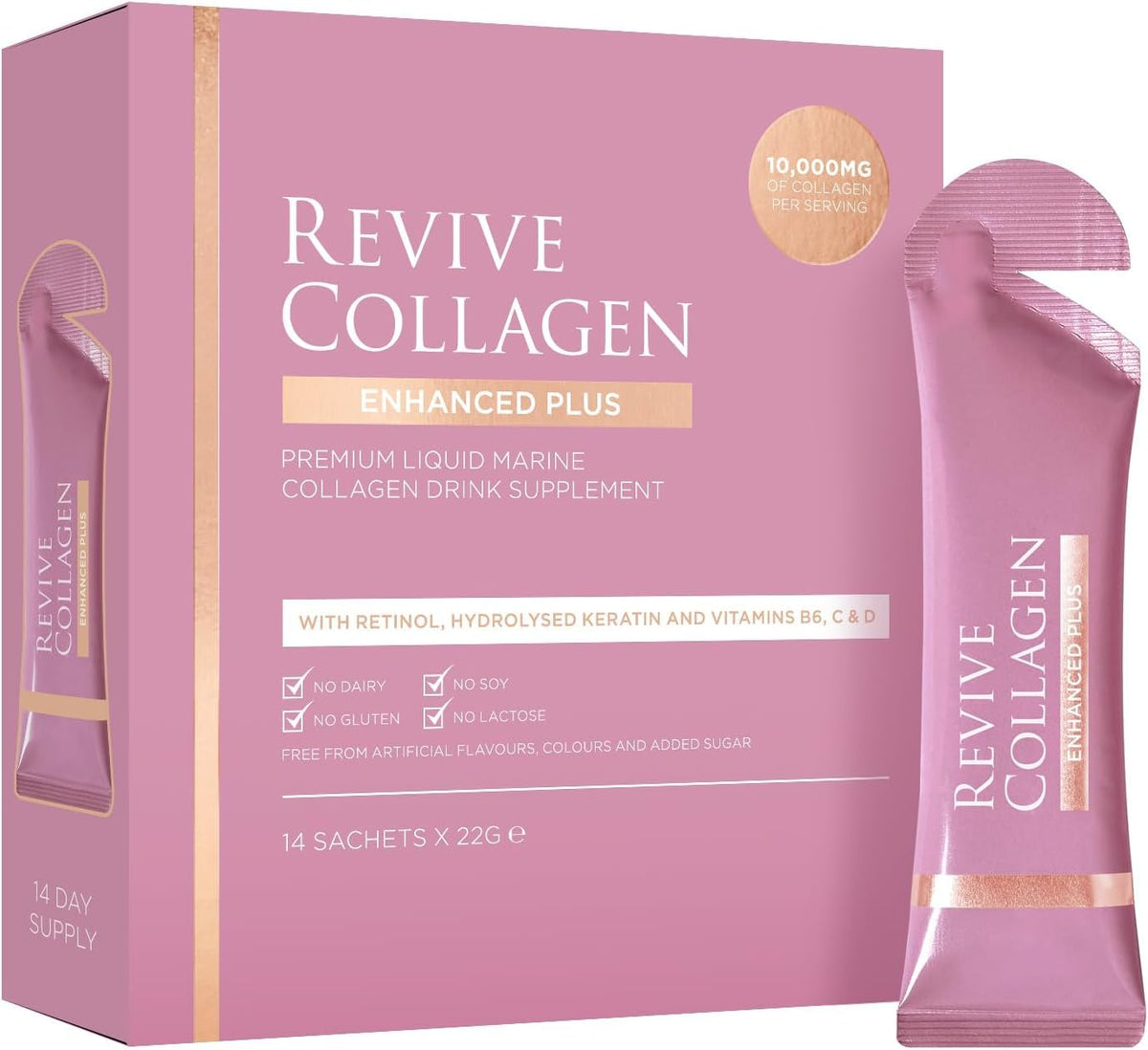 Revive Collagen Enhanced Plus bottle on kitchen counter with tropical flavor for daily beauty routine