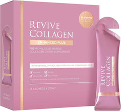 Revive Collagen Enhanced Plus bottle on kitchen counter with tropical flavor for daily beauty routine