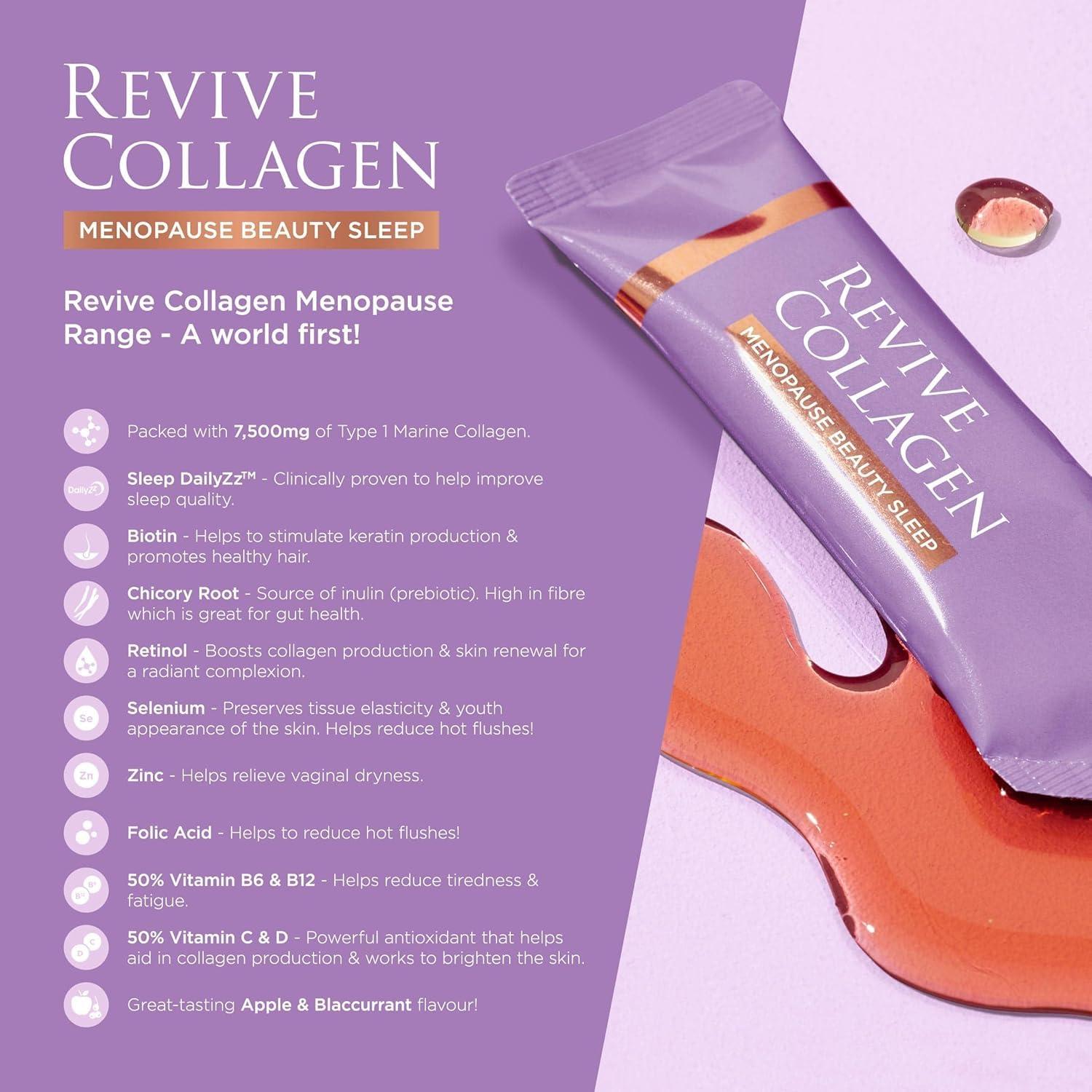 Revive Collagen apple–blackcurrant drink served in a glass for evening ritual