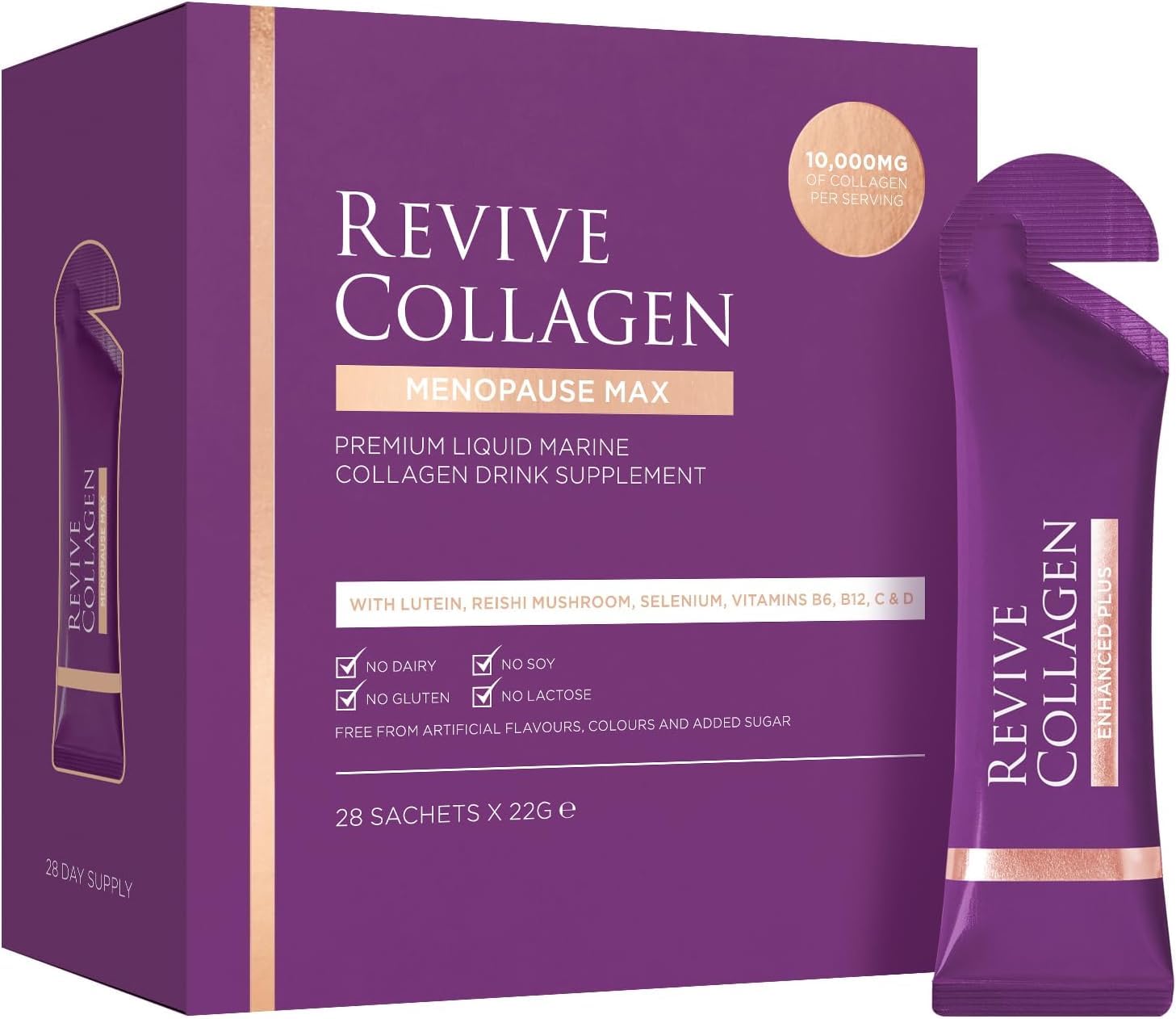 Revive Collagen Menopause Max bottle front, premium blend for skin vitality.