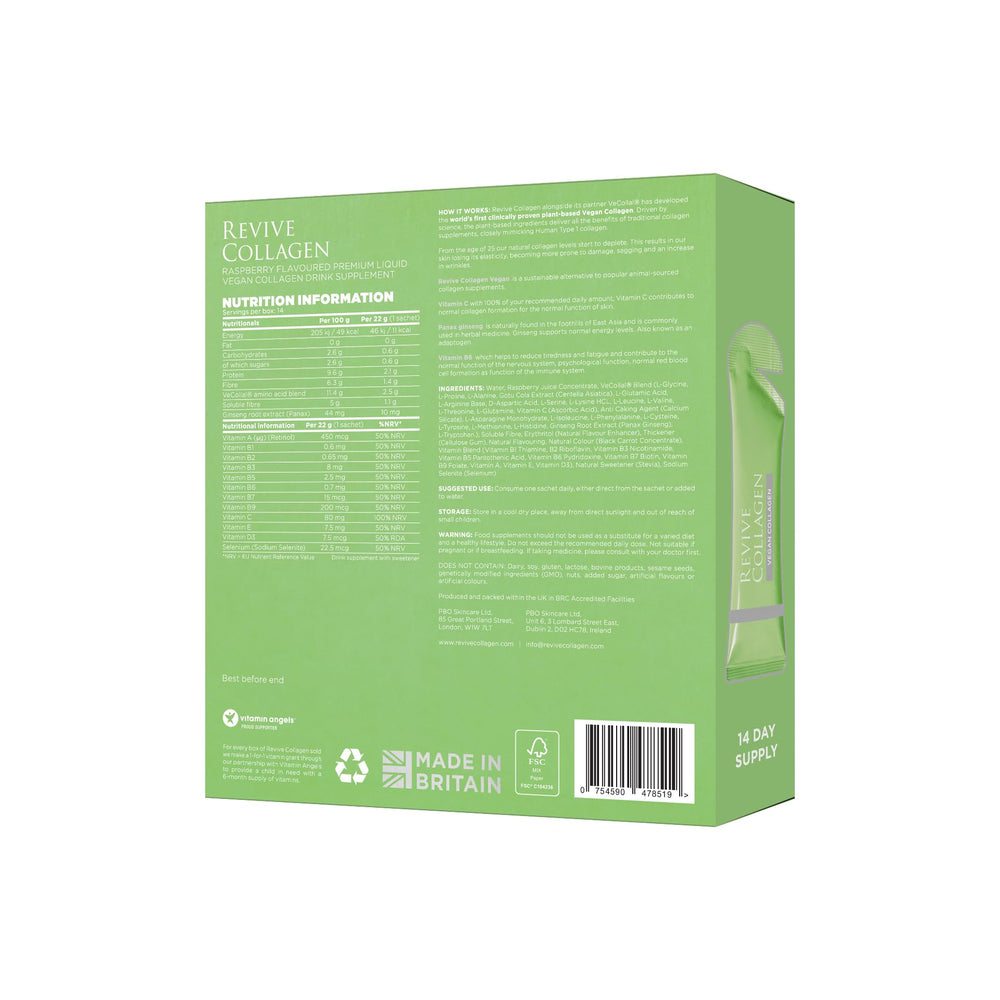 Revive Collagen packaging on shelf communicates vegan wellness choice.