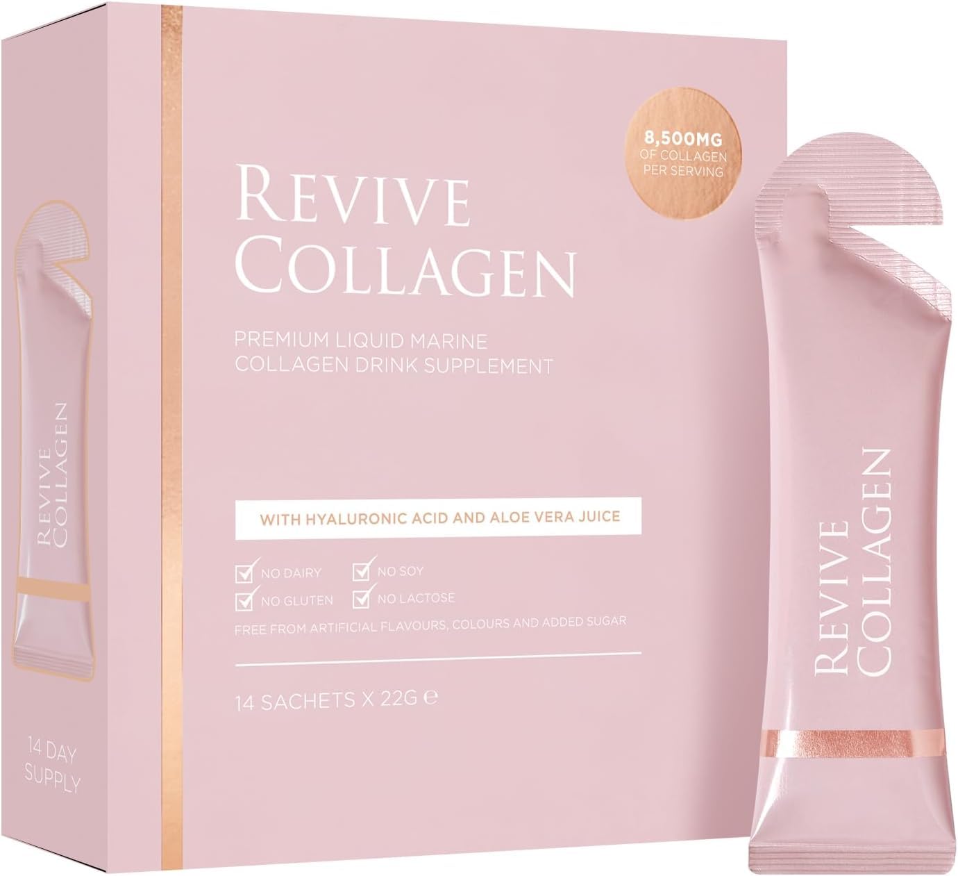Revive Collagen Premium bottle being poured for hydrating skin and hair support.
