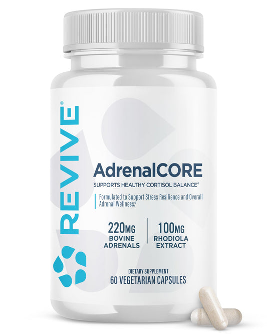 Revive MD AdrenalCORE bottle front promotes clean energy support for daily performance.