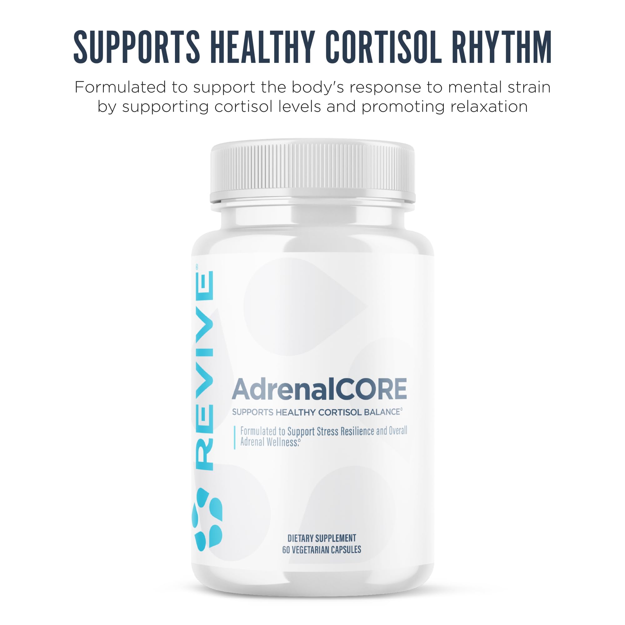 Revive MD AdrenalCORE capsules closeup highlights natural ingredients for balance.