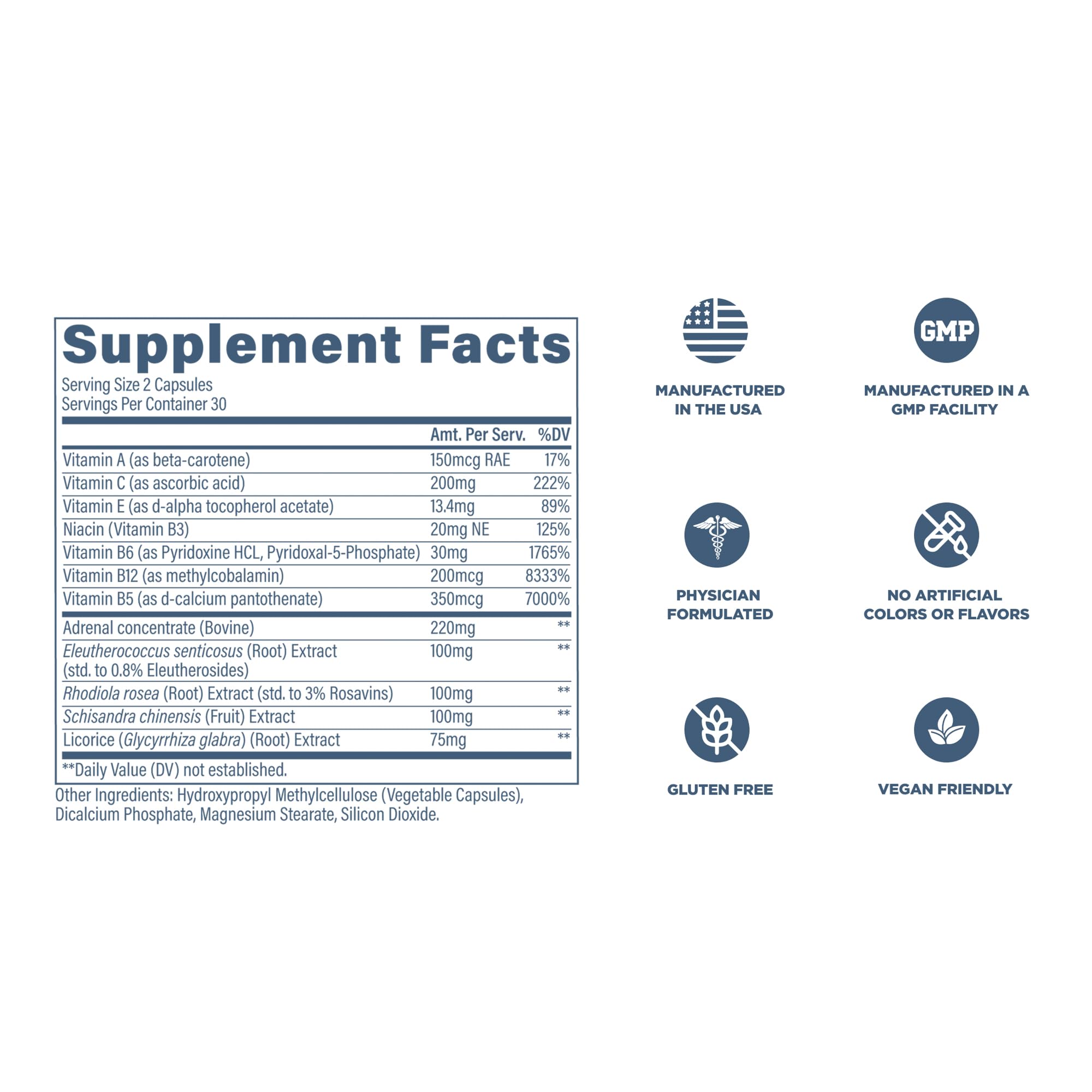 Revive MD AdrenalCORE ingredient list highlights adaptogens for balance.