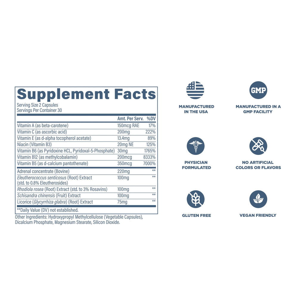 Revive MD AdrenalCORE ingredient list highlights adaptogens for balance.