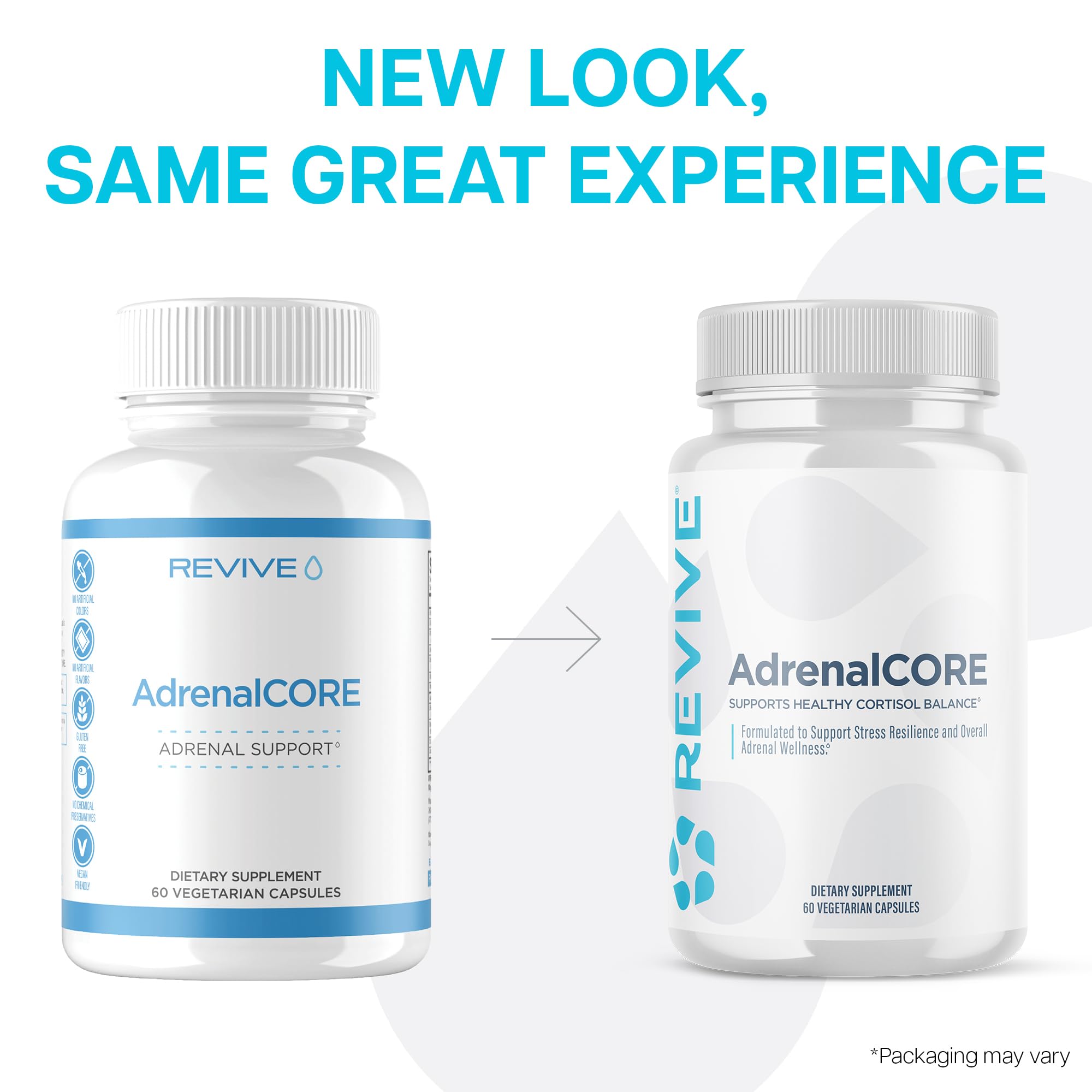 Revive MD AdrenalCORE vegan-gluten-free badge reinforces dietary compatibility.
