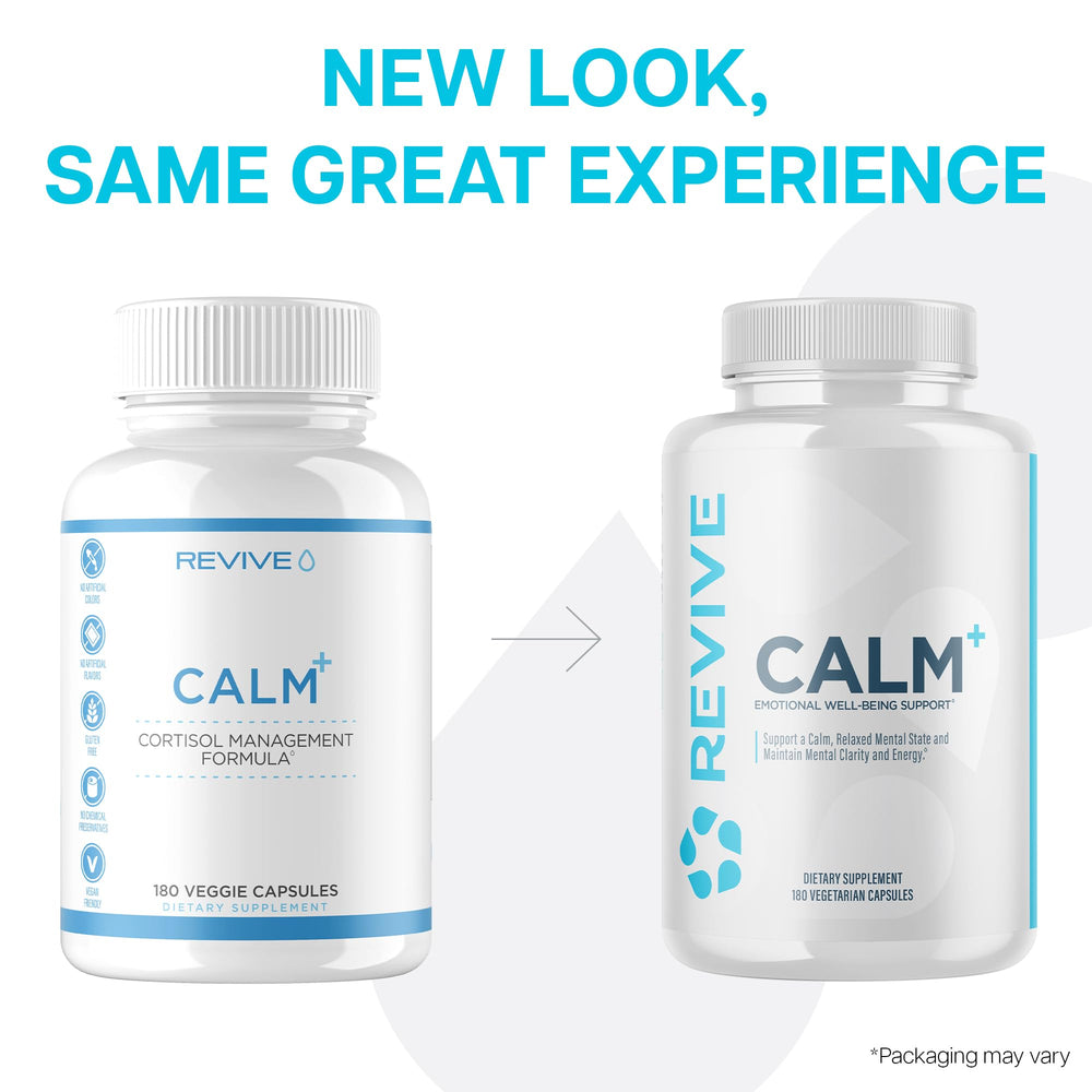 Revive MD Calm pouring capsules into a glass for easy use.