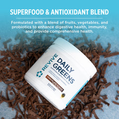 Mixing Revive MD Daily Green Powder into water for a smooth chocolate shake.