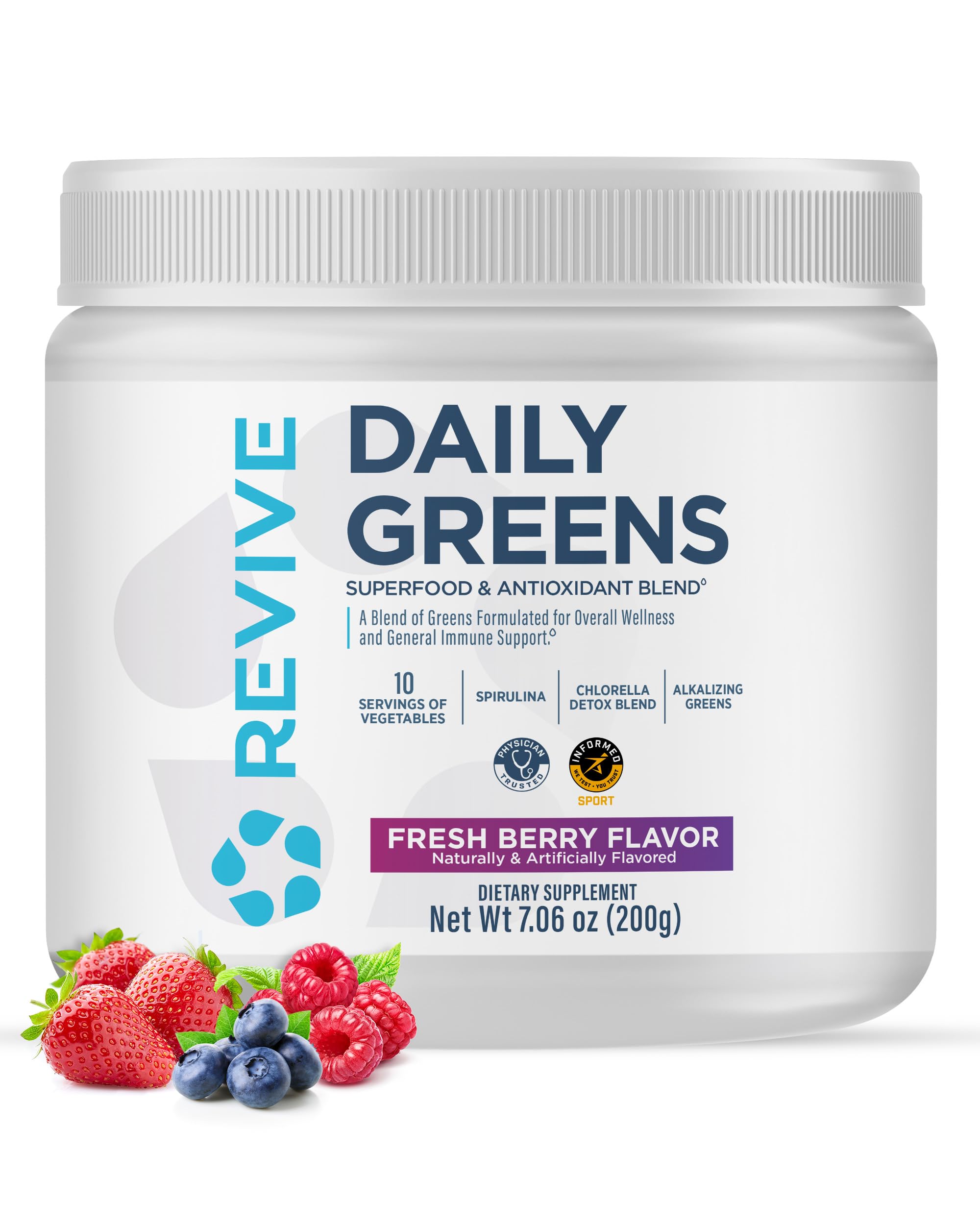 Revive MD Daily Green Powder Fresh Berry tub close-up highlighting convenient daily greens.