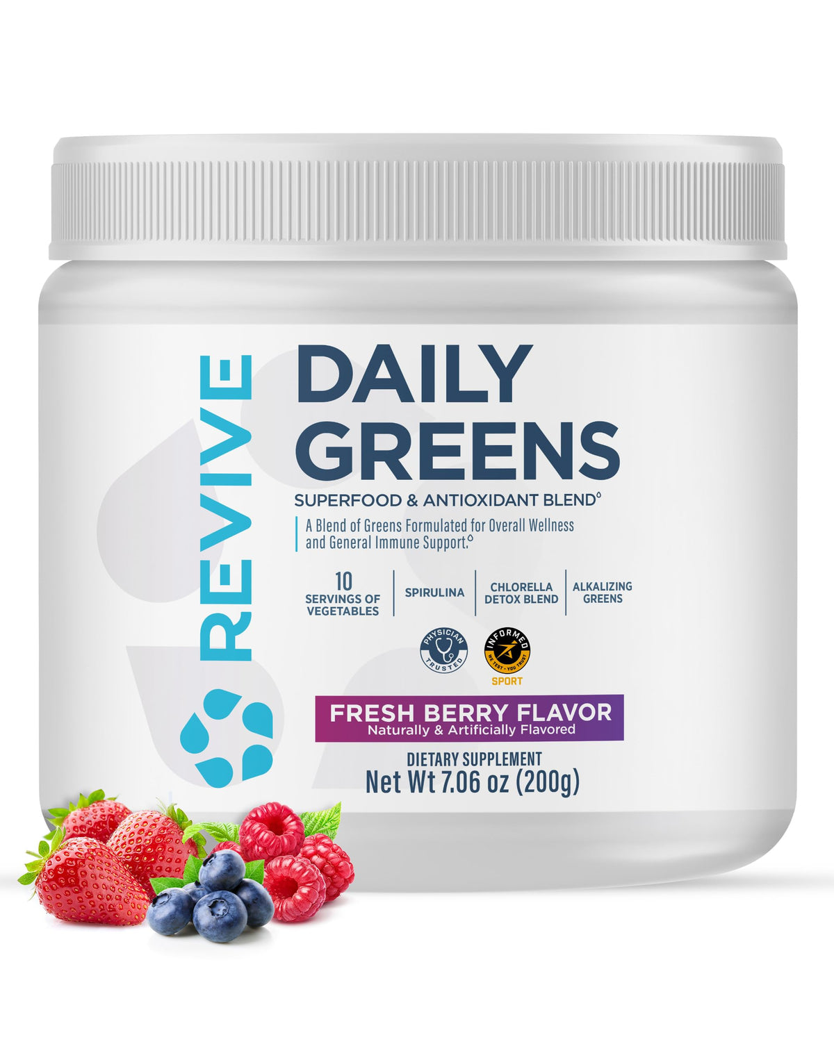 Revive MD Daily Green Powder Fresh Berry tub close-up highlighting convenient daily greens.