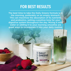 Revive MD Daily Green Powder scoop beside bottle for daily routine.