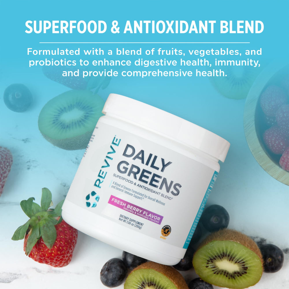 Revive MD Daily Green Powder blended into smoothie for added fiber.
