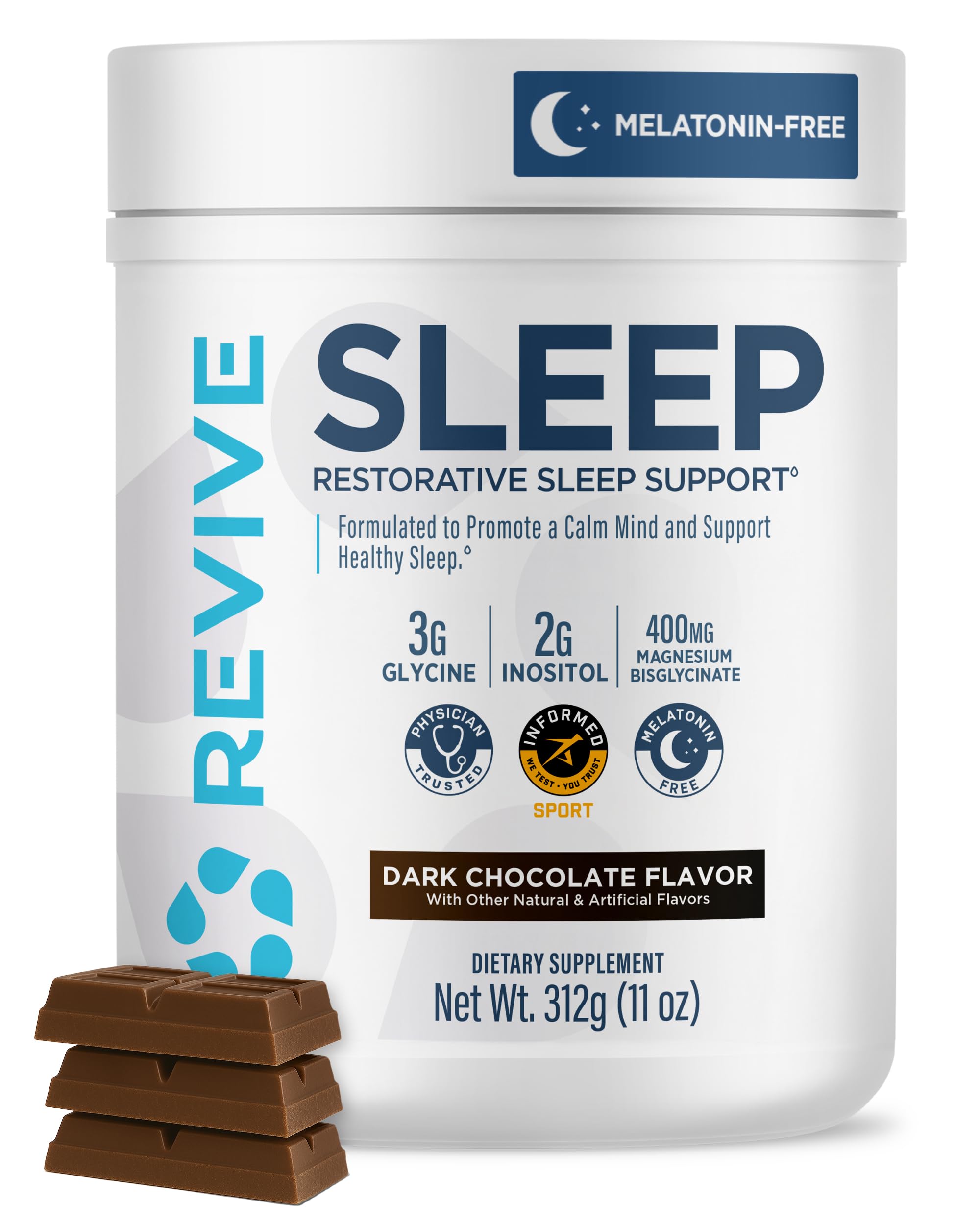 Revive MD dark chocolate sleep bottle showing melatonin-free formula for calmer nights.