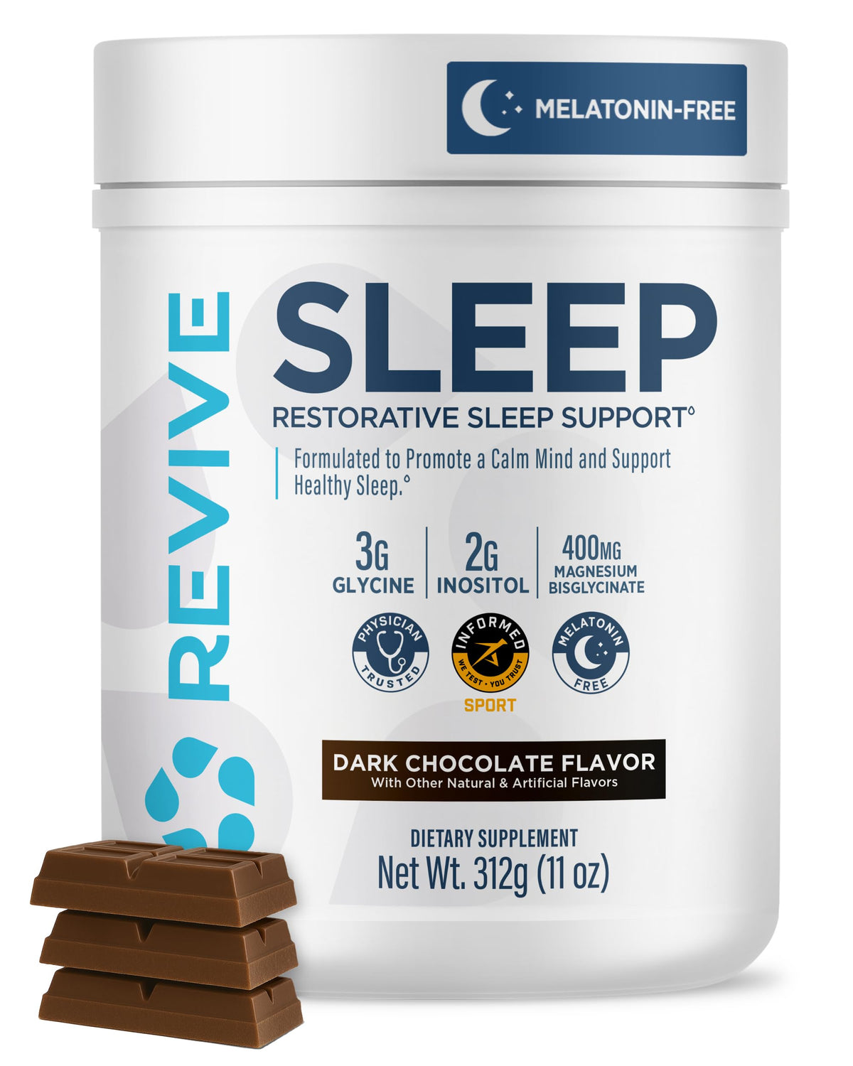 Revive MD dark chocolate sleep bottle showing melatonin-free formula for calmer nights.