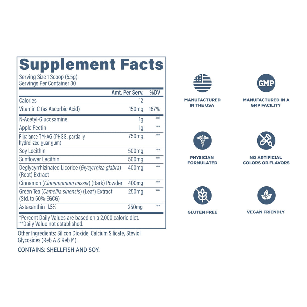 Key ingredients like Apple Pectin and Green Tea in Revive MD GI Plus.