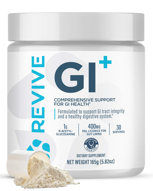 Revive MD GI Plus packaging highlights gluten-free gut health formula.