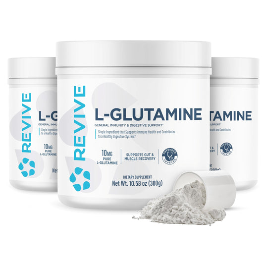 Revive MD Gut L-Glutamine bottle close-up for digestive support.